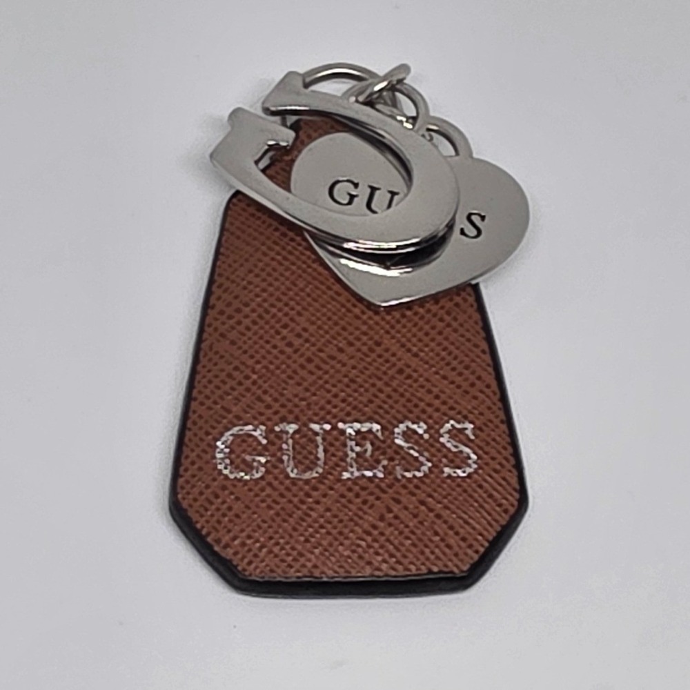 Guess Silver Tone Heart Logo Charm Keychain Bag Charm Brown Leather Tag